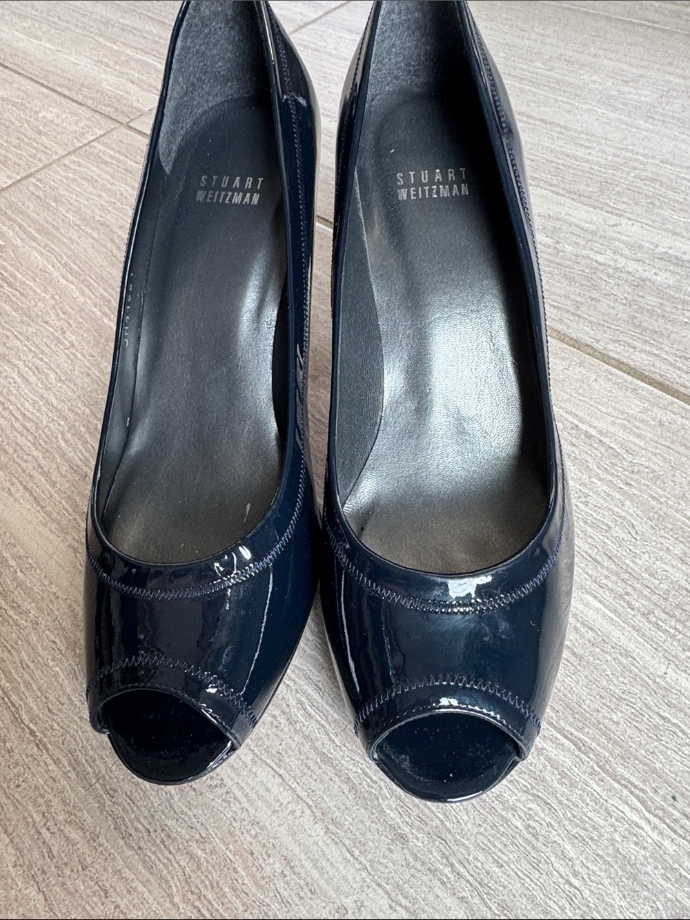 Stuart Weitzman Navy Patent Peep-Toe Heels
